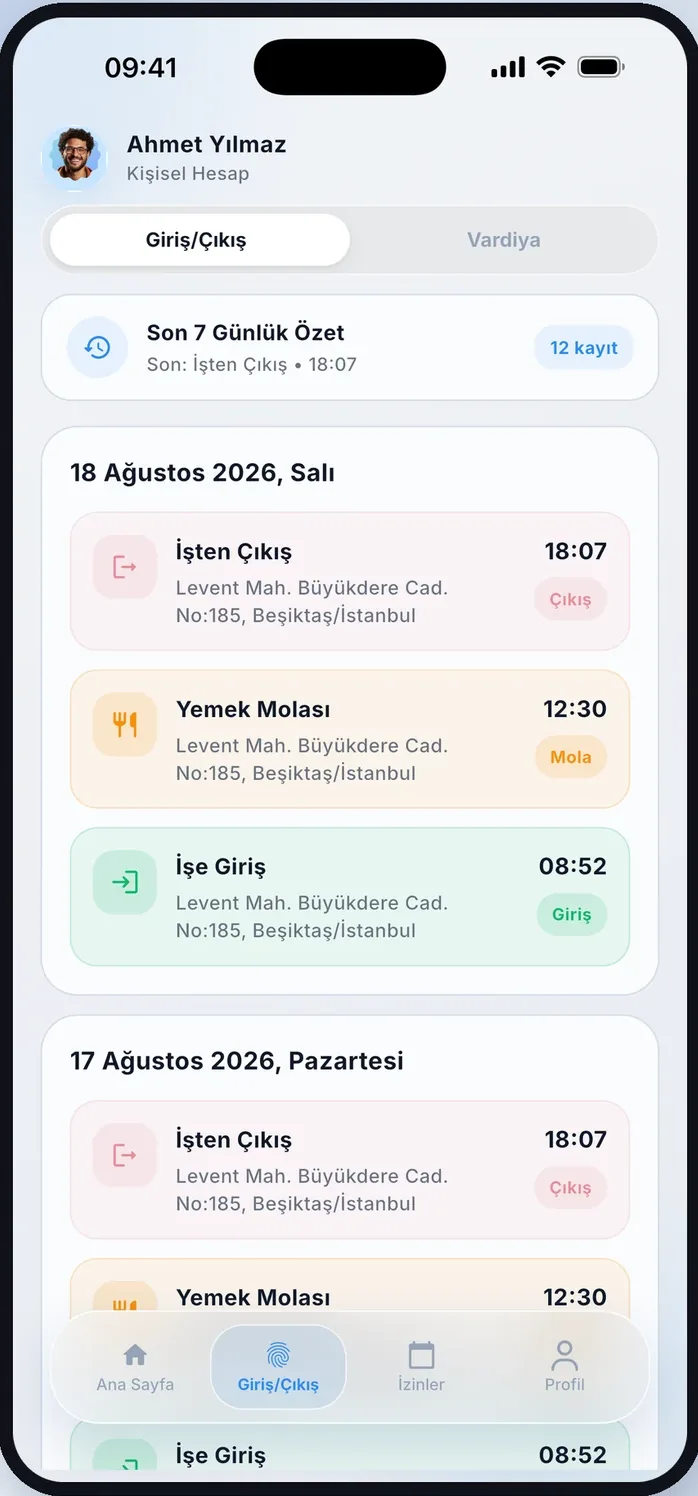 PDKS Pro mobil uygulamasında hareket kayıtları