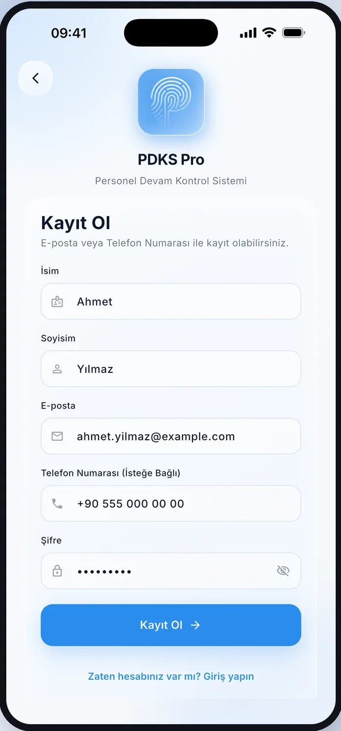 PDKS Pro mobil hesap oluşturma ekranı