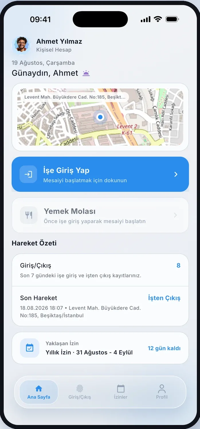 PDKS Pro mobil uygulaması ana ekranı: konum doğrulamalı işe giriş, mola ve hareket özeti