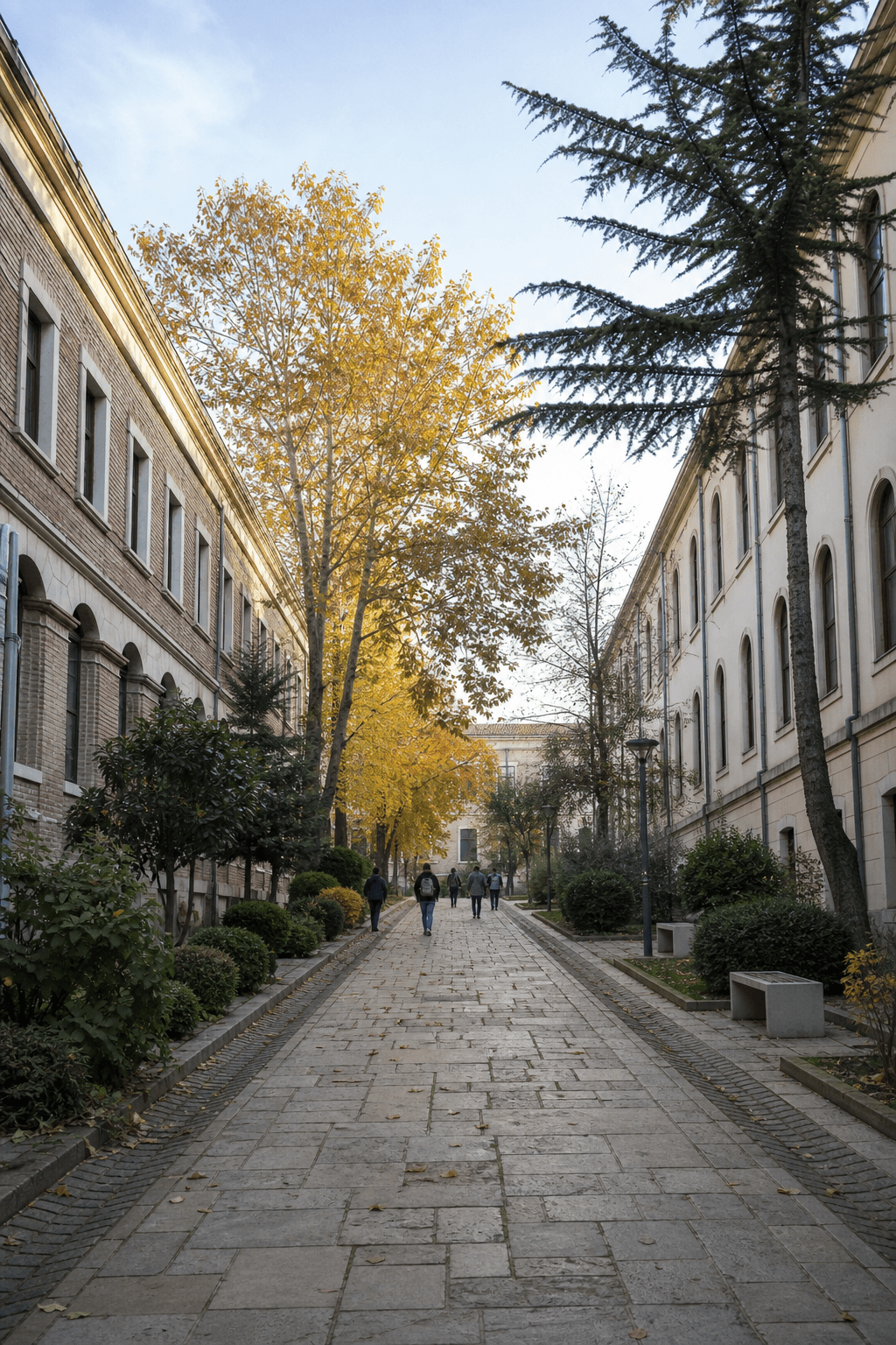 Üniversite kampüsü avlusu ve fakülte binaları