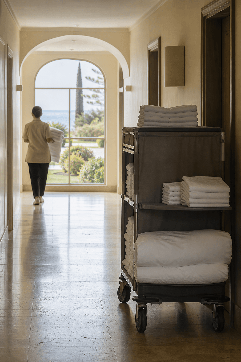 Otel kat koridorunda kat hizmetleri arabası